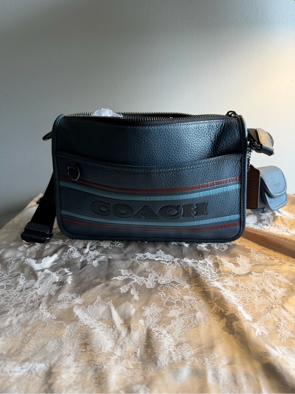 Coach women's blue Leather Crossbody Bag with Stripe Detail